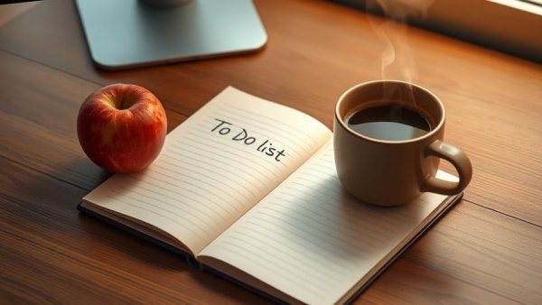 Coffee, apple, and to-do list on desk, helping aging parents