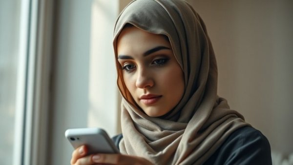 Young woman with headscarf using smartphone, highlighting time burden of women's cancer-related tasks.