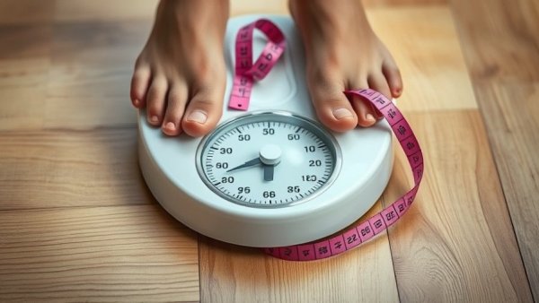 Feet on a scale with measuring tape, low-energy diet concept.