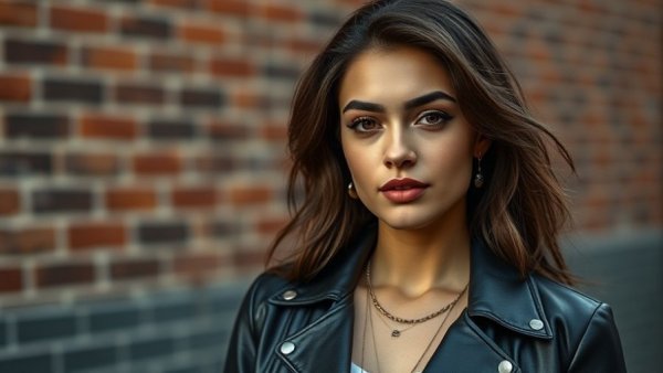 Stylish woman offering beauty tips with confidence in an urban setting.