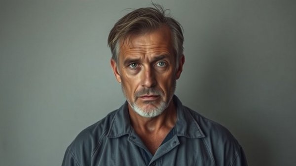 Prisoner mugshot with disheveled hair, conveying solemnity and seriousness.