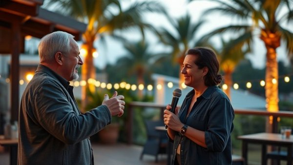 Casual outdoor conversation with a microphone in hand, focus on cannabis banking discussion.