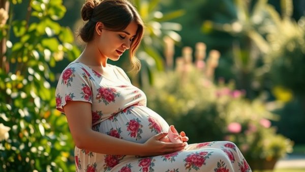 Pregnant woman contemplating endometriosis symptoms misdiagnosis, floral dress, baby shoes.