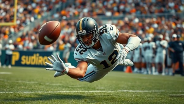 Oregon College Football Playoff player diving to catch football during intense game.