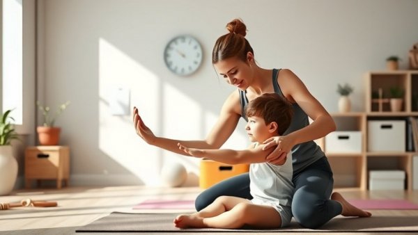 Yoga instructor helps child with pose, highlighting yoga's role in improving lung function in children with asthma.