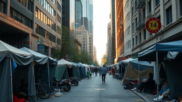 Imaginary depiction of 2025 Saskatoon homelessness crisis with urban shelters.