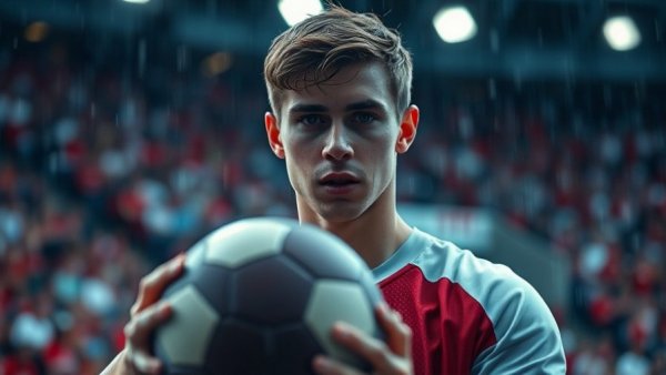 Football player poised in rainy stadium for NFL Draft announcement