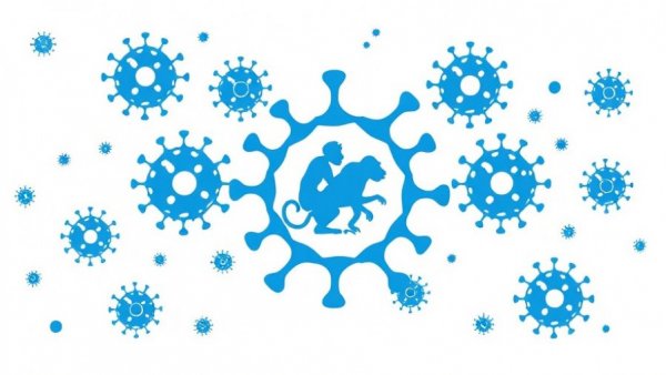 Abstract blue virus icons with monkey silhouettes related to Mpox symptoms in 2026.