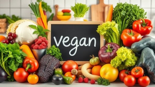 Vegan diet for weight loss with fresh vegetables and fruits on a kitchen counter.