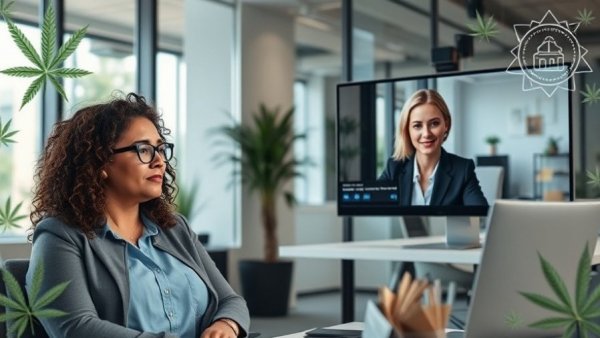 Two women discussing business, cannabis-themed graphics.
