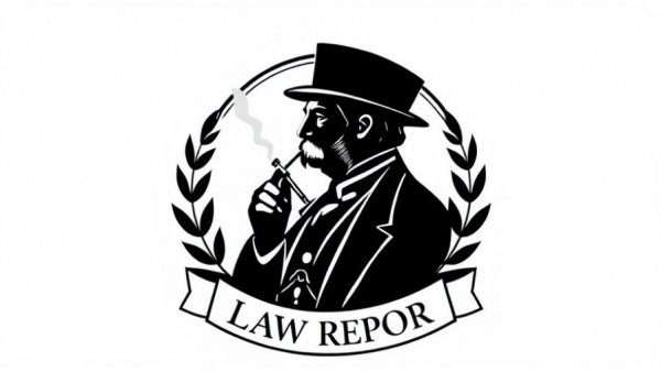 Monochrome cannabis law report emblem with a smoking figure.