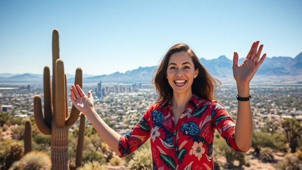 Enthusiastic woman in front of Phoenix skyline, desert scene.