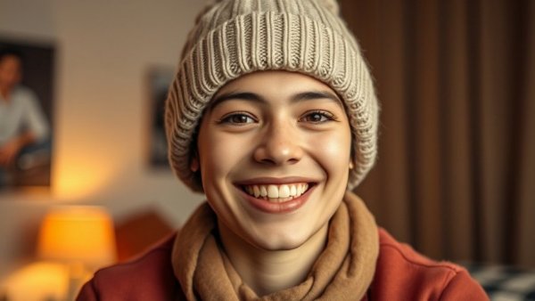 Cheerful young person smiling indoors, wearing a beige beanie.