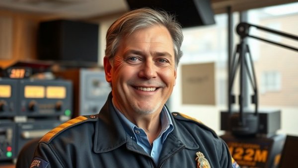 Glendale fire captain smiling indoors by radio equipment.