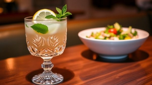 New mocktails at Picazzo's with lemon mint garnish and salad.