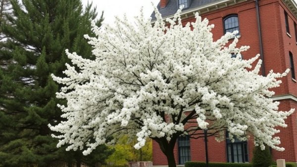 Majestic Bradford Pear tree in Greenville SC near a brick building.