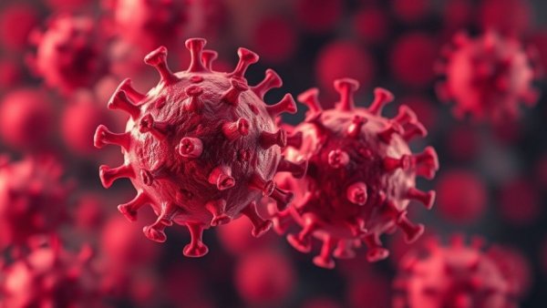 Microscopic view of virus particles illustrating new COVID symptoms in 2026.