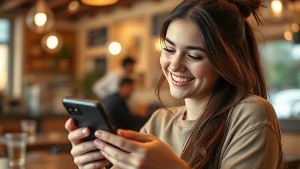 Young woman smiling at smartphone in cafe using Digital Mobile VIP Wallet.