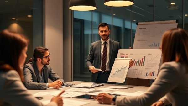 Businessman focuses on key data in presentation.