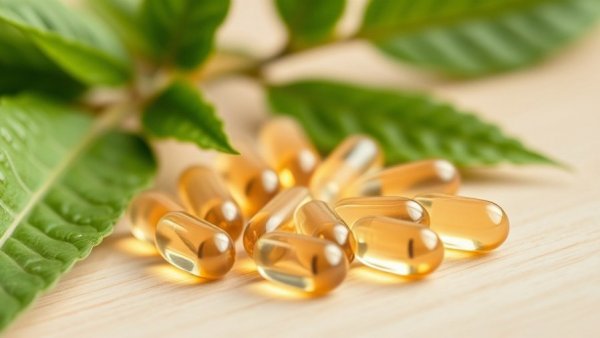 Magnesium supplement capsules with green leaves, wellness concept.