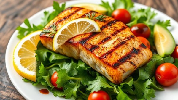 Grilled salmon, fresh greens, and avocado showcasing omega 3 benefits.