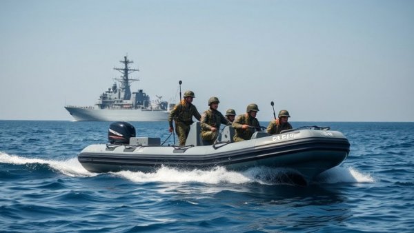 Navy operation with boat and ship in open ocean.
