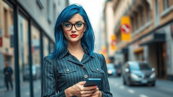 Stylish woman with blue hair in urban setting, North West Dermal Piercing.