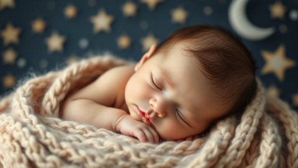 Newborn sleeping wrapped in wool with starry night backdrop.
