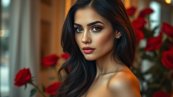 Elegant woman with dark hair in vibrant setting and red roses.