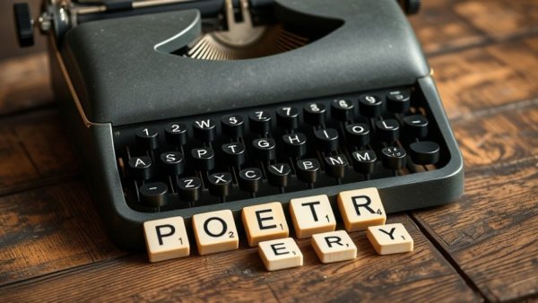 Vintage typewriter with Scrabble tiles spelling poetry for Arizona State Poetry Society Youth Contest.