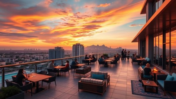 Upscale hotel rooftop lounge in Mesa at sunset, modern design.