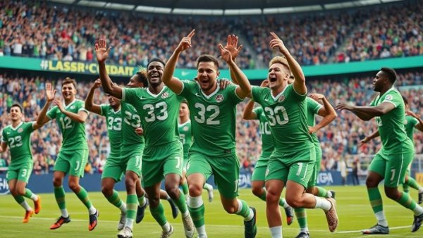 Football players celebrating on field in green uniforms under bright lights.