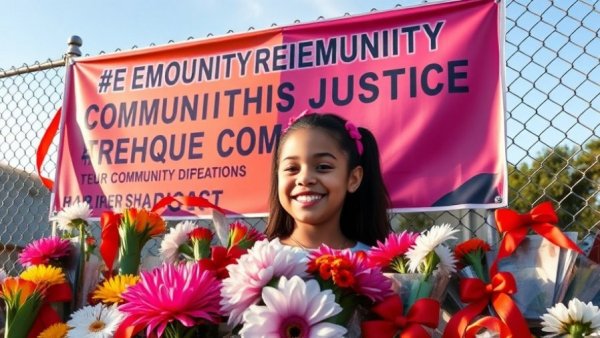 Memorial site with a banner for Emily Pike featuring flowers and ribbons.