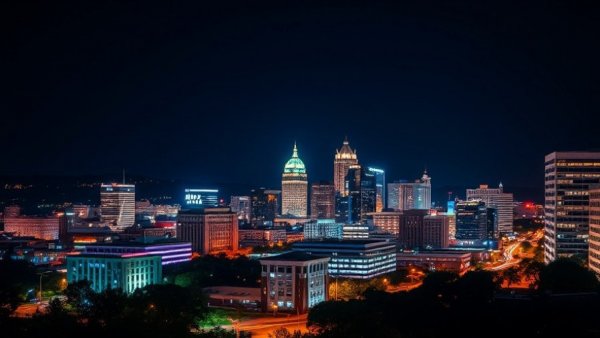 Nighttime cityscape of Greenville, SC skyline glowing under city lights.
