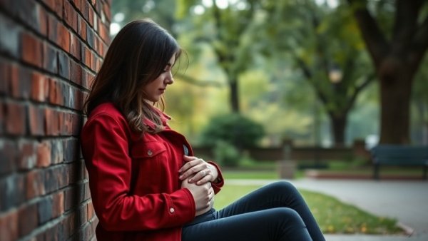 Thoughtful woman in red jacket, early pregnancy signs, sitting by brick wall, outdoor park