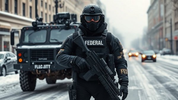 Judge limits federal agents in Minneapolis protests; armed agent with vehicle in snow.
