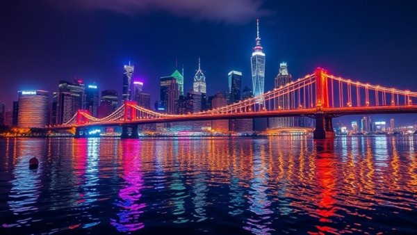 Vivid urban skyline with illuminated bridge at night.