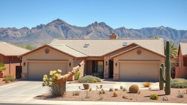 New Construction Home in Phoenix with woman pointing excitedly, desert landscape.