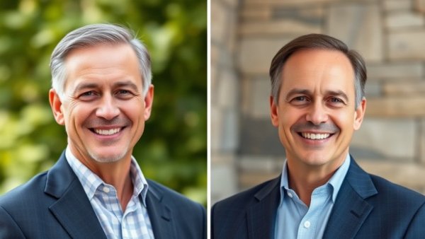 Portraits of two male politicians smiling in formal attire.