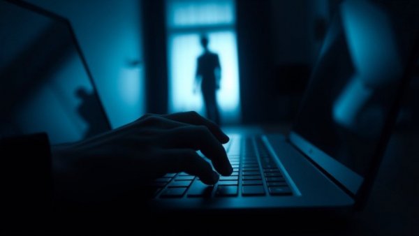 Mysterious hand typing on laptop in dark room, scam concept.