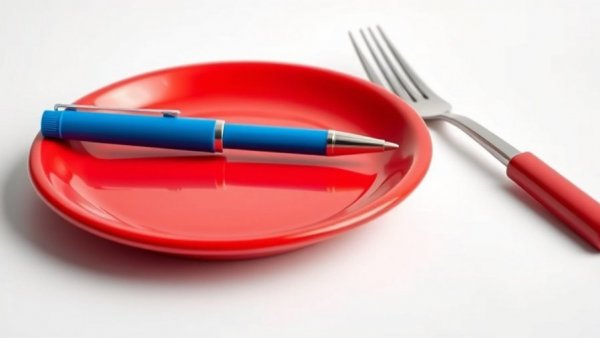 GLP-1 medications depicted with a blue medical pen on a red plate.