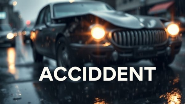 Moody car accident image in rain with 'ACCIDENT' text, Mohali.