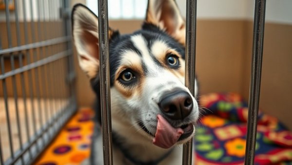 Husky behind bars at Maricopa County shelter pet nonprofit with colorful blanket.