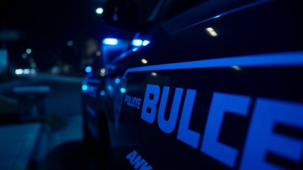 Buckeye police car with blue lights at night.