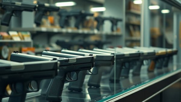 Handguns in a display case related to Hawaii gun law Supreme Court discussion.