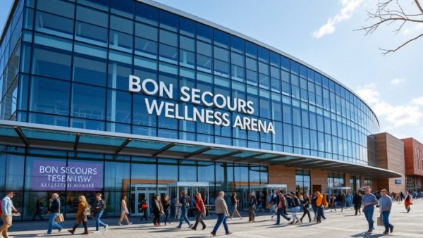 Bon Secours Wellness Arena expansion with people outside on a sunny day
