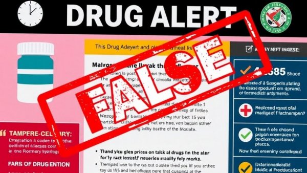 Fake pharma alerts graphic with 'false' stamp and misinformation warning.