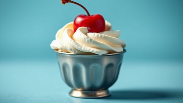 Elegant dessert cup with whipped cream and cherry, dessert-themed beauty products.
