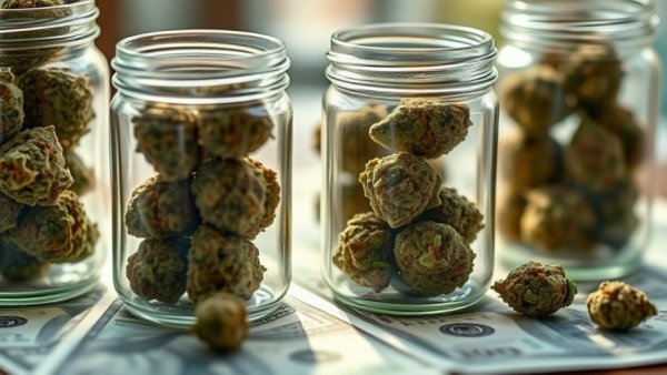 Glass jars of cannabis on money, illustrating Michigan cannabis sales revenue decline.