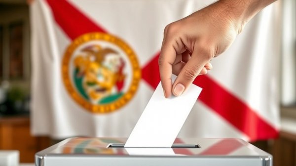 Voting scene with Florida flag representing marijuana legalization campaign.